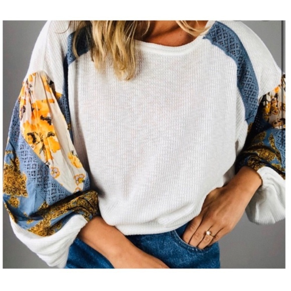 Free People Light Fall Waffle Thermal Clash Wildflower Floral Blouse Top Sm S